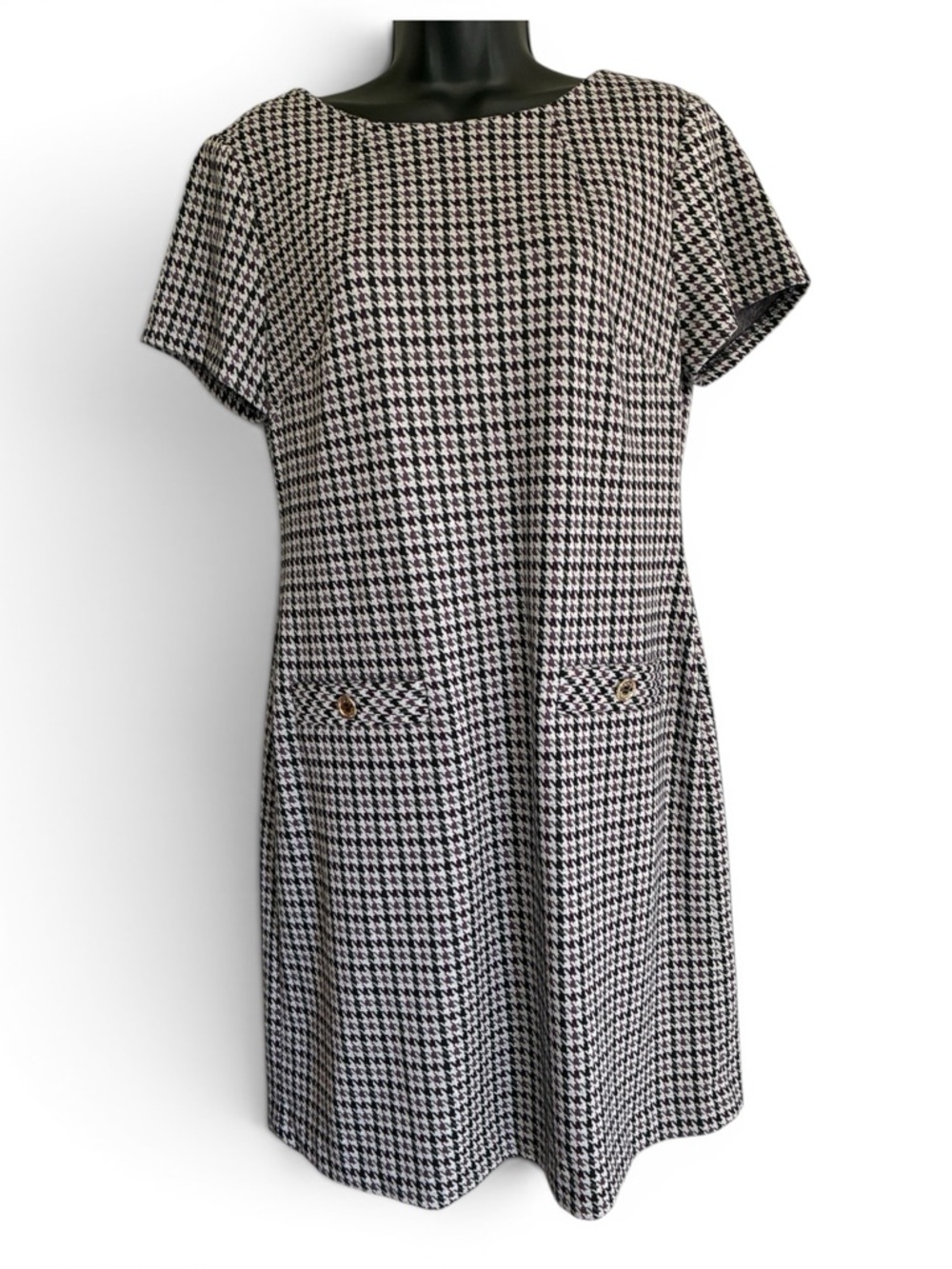 NWOT Preppy Tommy Hilfiger Black, White & Purple Houndstooth Shift Dress Size 10